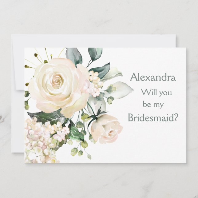 White roses, hydrangea Bridesmaid Proposal card (Front)