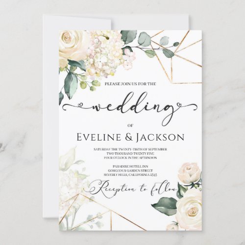 White roses hydrangeas greenery gold wedding invitation