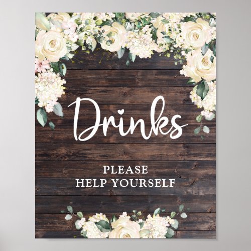 White roses hydrangeas rustic wood drinks sign