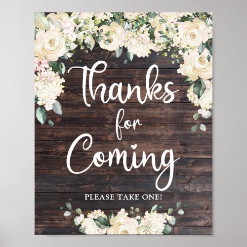 White roses hydrangeas wood thanks for coming sign