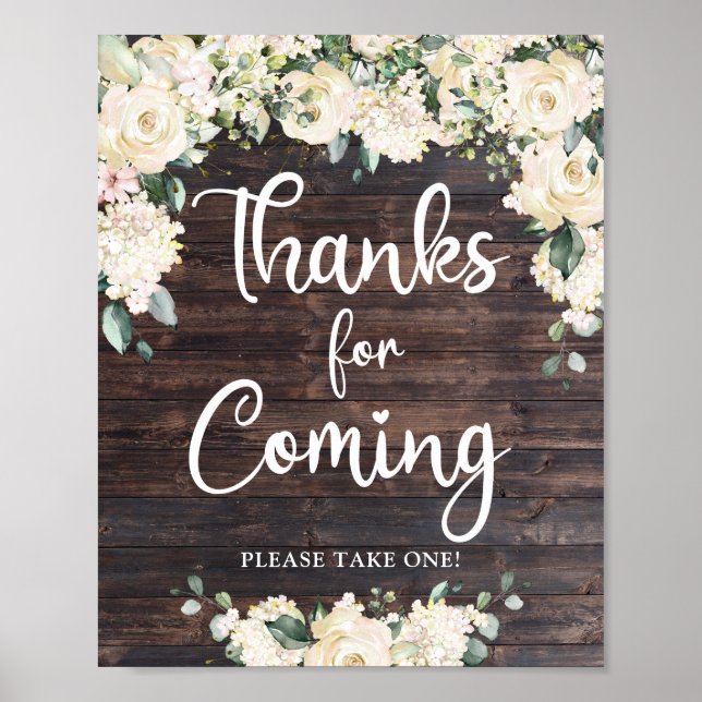 White roses hydrangeas wood thanks for coming sign (Front)