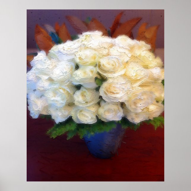 White roses in a blue vase poster (Front)