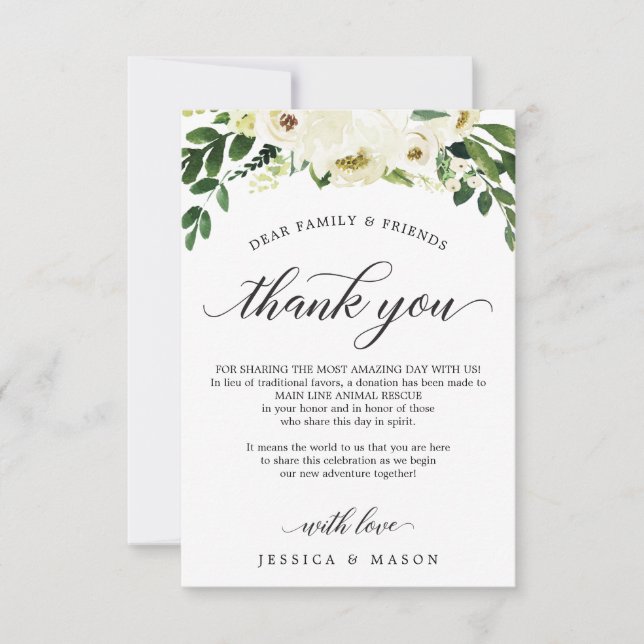 White Roses In Lieu of Favors Place Card (Front)