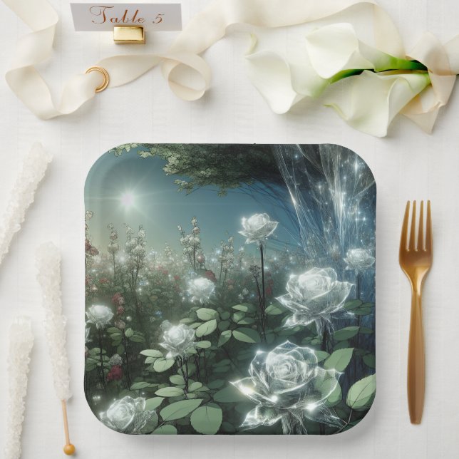 White Roses In Magical Garden Paper Plates (Wedding)