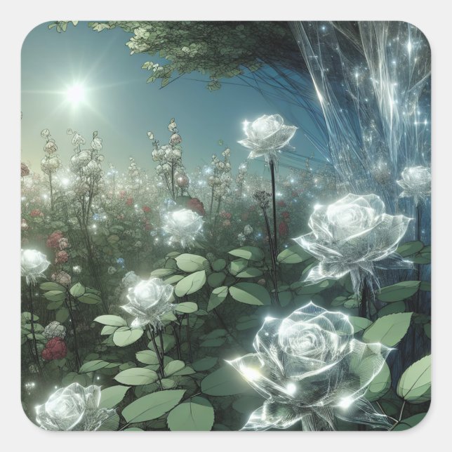 White Roses In Magical Garden Square Sticker (Front)