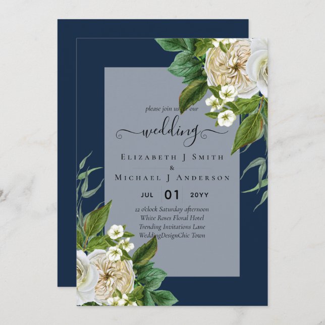 WHITE ROSES Invitations WEDDING CHIC  (Front/Back)