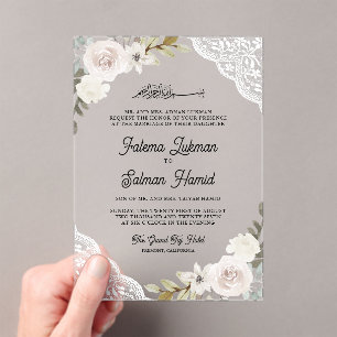 White Roses Lace Islamic Muslim Wedding Acrylic Invitations