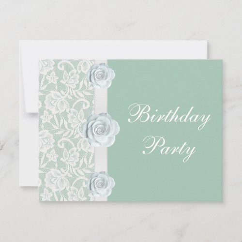 White Roses  Lace Mint Green Birthday Party Invitation