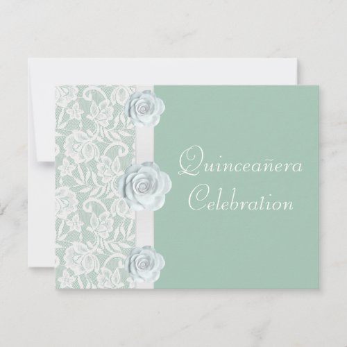 White Roses &amp; Lace Mint Green Birthday Quinceanera Invites