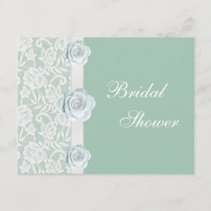 White Roses & Lace Mint Green Bridal Shower Invitation
