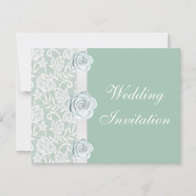 White Roses & Lace Mint Green Wedding Invitation (Front)