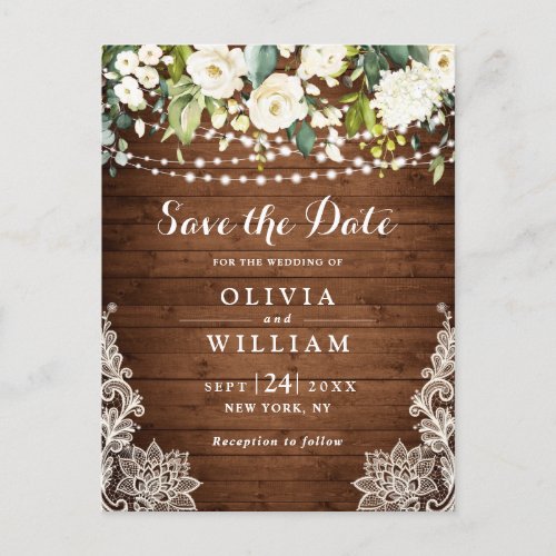 White Roses Lace Rustic Wedding Save the Date Postcard