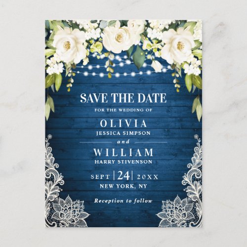 White Roses Lace Rustic Wedding Save the Date Postcard