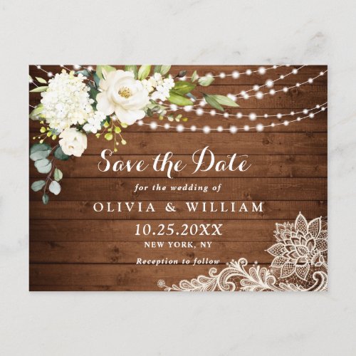 White Roses Lace Rustic Wedding Save the Date Postcard