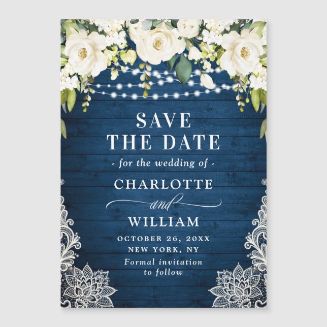 White Roses Lace Save the Date Magnetic Card (Front)