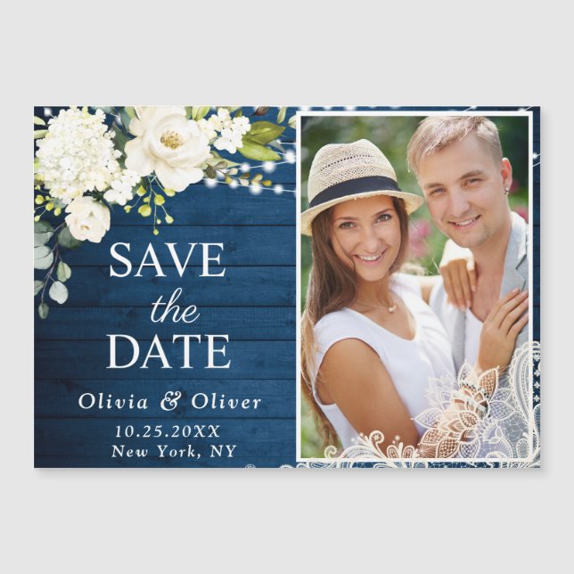 White Roses Lace Save the Date Magnetic Card (Front)