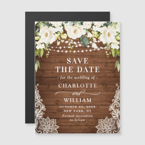 White Roses Lace Save the Date Magnetic Card