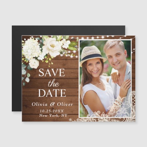 White Roses Lace Save the Date Magnetic Card