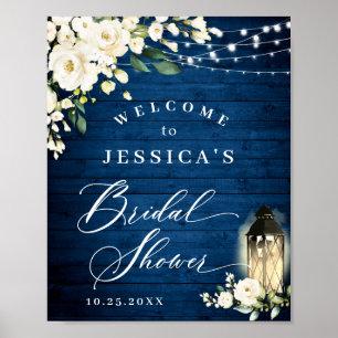 White Roses Lantern Blue Wood Bridal Shower Poster