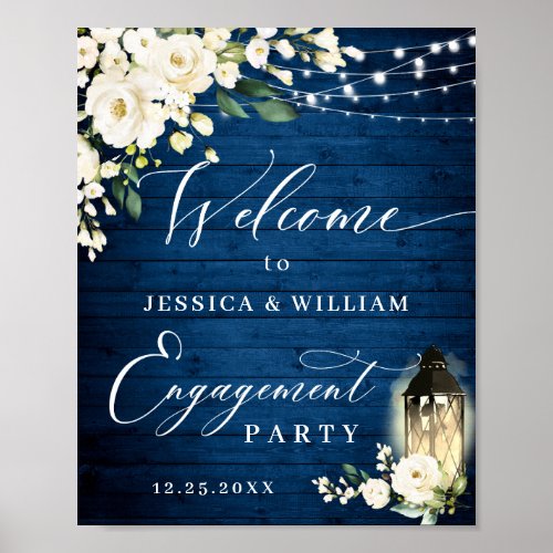 White Roses Lantern Blue Wood Engagement Party Poster