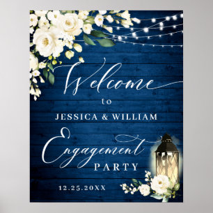 White Roses Lantern Blue Wood Engagement Party Poster