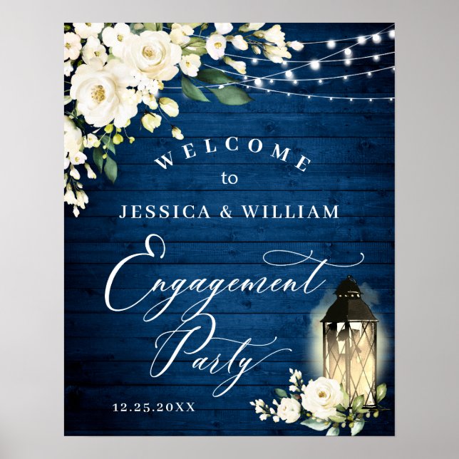 White Roses Lantern Blue Wood Engagement Party Poster (Front)