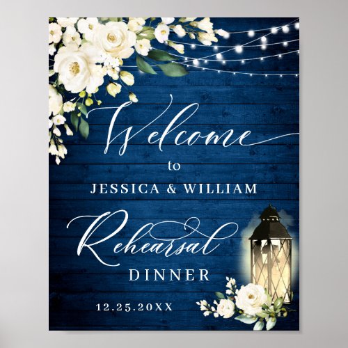 White Roses Lantern Blue Wood Rehearsal Dinner Poster