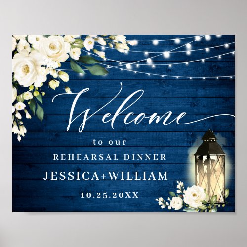 White Roses Lantern Blue Wood Rehearsal Dinner Poster