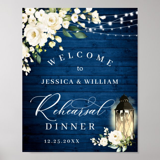 White Roses Lantern Blue Wood Rehearsal Dinner Poster (Front)