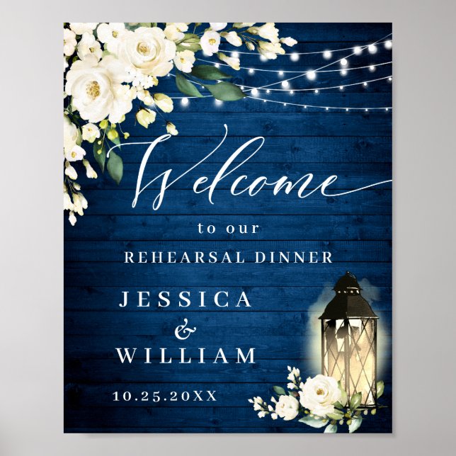 White Roses Lantern Blue Wood Rehearsal Dinner Poster (Front)