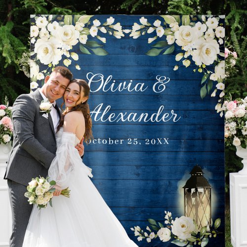 White Roses Lantern Blue Wood Wedding Backdrop