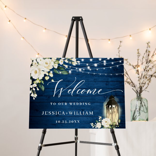 White Roses Lantern Blue Wood Welcome Wedding Foam Board (In Situ (Stand))