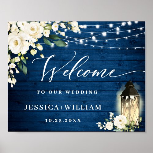 White Roses Lantern Blue Wood Welcome Wedding Poster