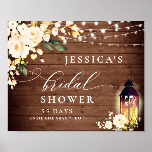 White Roses Lantern Brown Wood Bridal Shower Poster