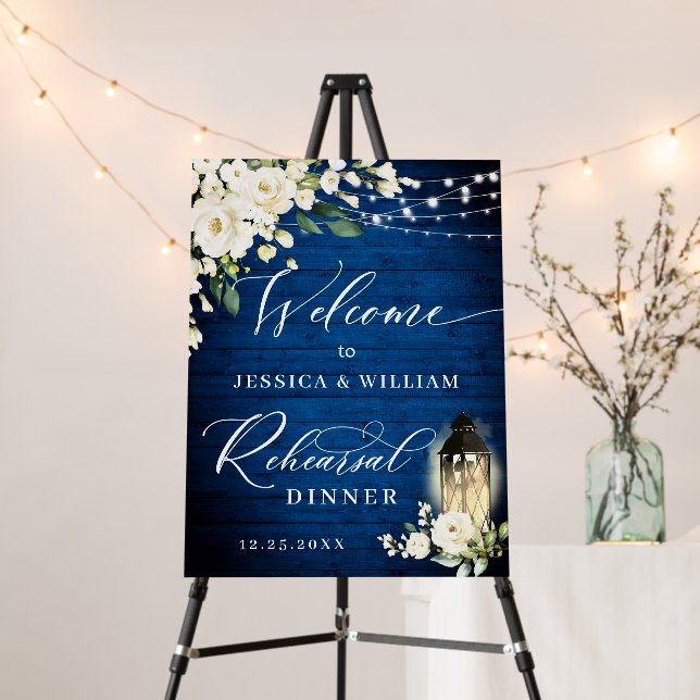 White Roses Lantern Royal Blue Rehearsal Dinner Foam Board (In Situ (Stand))