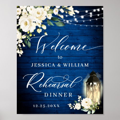 White Roses Lantern Royal Blue Rehearsal Dinner Poster