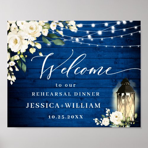 White Roses Lantern Royal Blue Rehearsal Dinner Poster