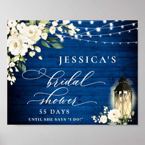 White Roses Lantern Royal Blue Wood Bridal Shower Poster