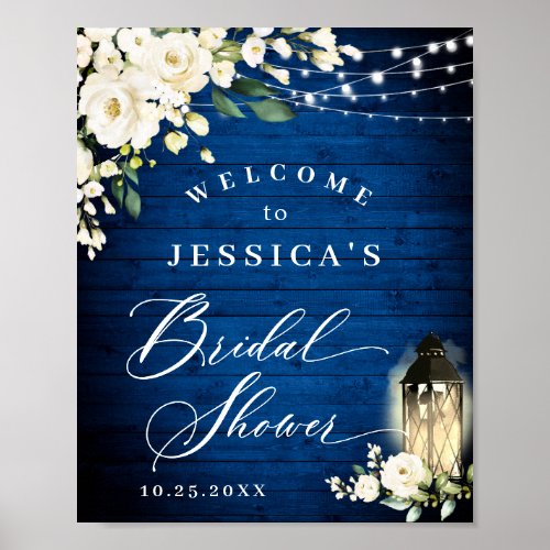 White Roses Lantern Royal Blue Wood Bridal Shower Poster