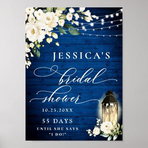 White Roses Lantern Royal Blue Wood Bridal Shower Poster