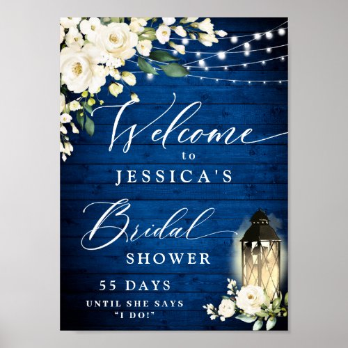 White Roses Lantern Royal Blue Wood Bridal Shower Poster