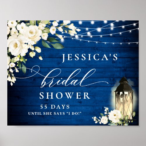 White Roses Lantern Royal Blue Wood Bridal Shower Poster