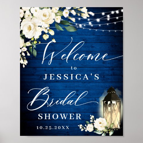 White Roses Lantern Royal Blue Wood Bridal Shower Poster