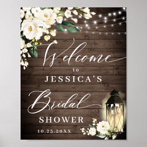 White Roses Lantern Rustic Wood Bridal Shower Poster