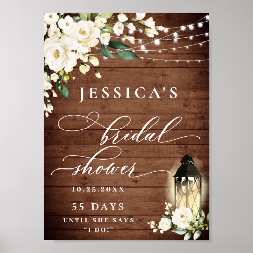 White Roses Lantern Rustic Wood Bridal Shower Poster