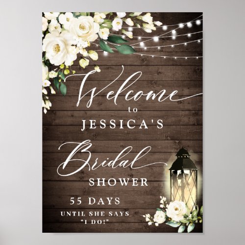 White Roses Lantern Rustic Wood Bridal Shower Poster