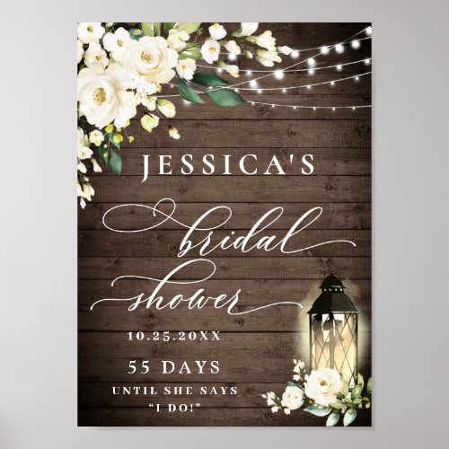 White Roses Lantern Rustic Wood Bridal Shower Poster