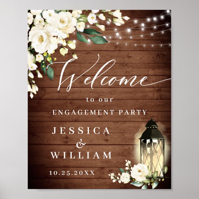 White Roses Lantern Rustic Wood Engagement Party Poster (Front)