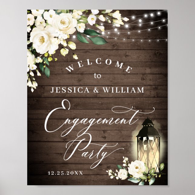 White Roses Lantern Rustic Wood Engagement Party Poster (Front)