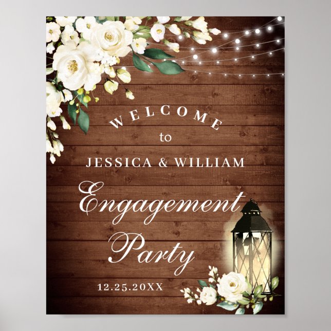 White Roses Lantern Rustic Wood Engagement Party Poster (Front)